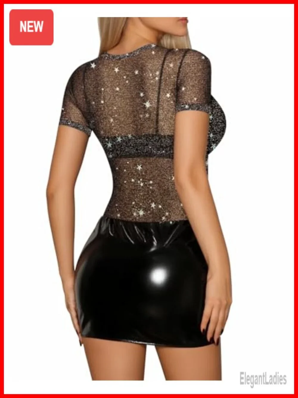 Women's Short Sleeve Glitter Mesh Crop Top Sheer See Through Tee